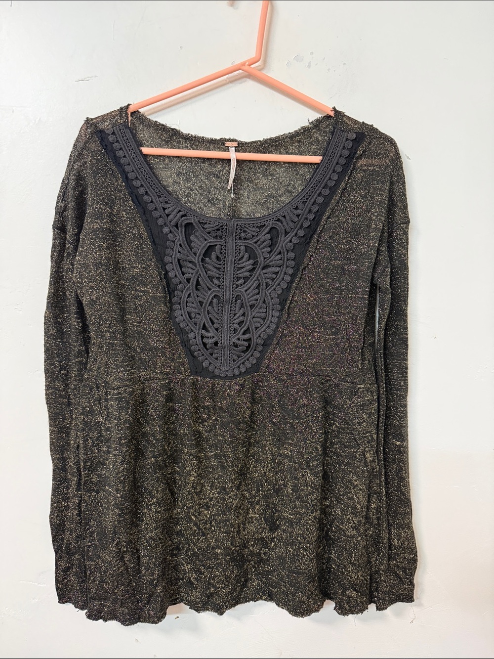 Free People Black and Gold Metallic Crochet-Trim Long Sleeve Top